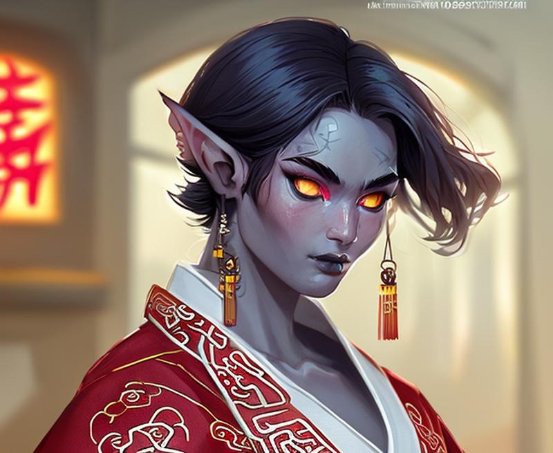 18048-431358906-modelshoot style digital 2D illustration close up shot of a elf wizard with cat eyes and elaborate, intricate red chinese robes.png